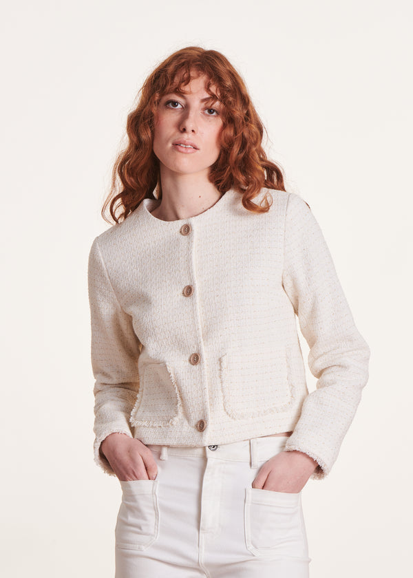 la fée maraboutée Veste courte et droite écrue à col rond