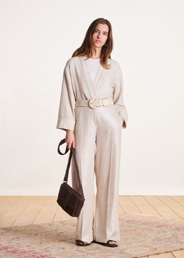 La Fée Maraboutée Veste Courte Kimono Beige Habillée En Lin Irisé