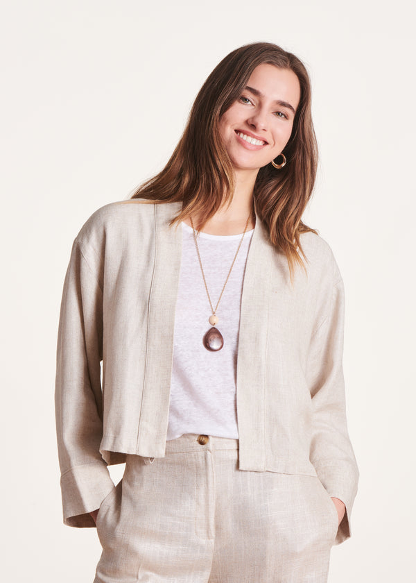 la fée maraboutée Veste courte kimono beige habillée en lin irisé