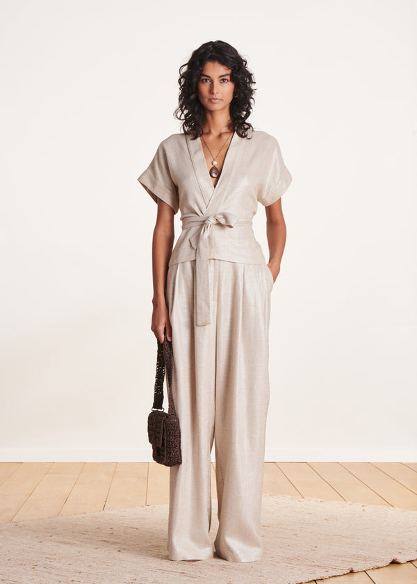 La Fée Maraboutée Veste Kimono Beige Irisé En Lin Foiled