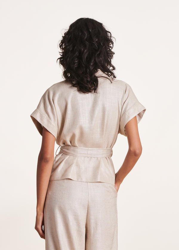 La Fée Maraboutée Veste Kimono Beige Irisé En Lin Foiled