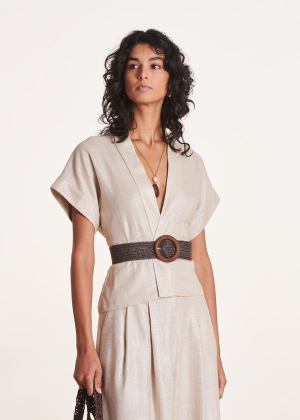 la fée maraboutée Veste kimono beige irisé en lin foiled