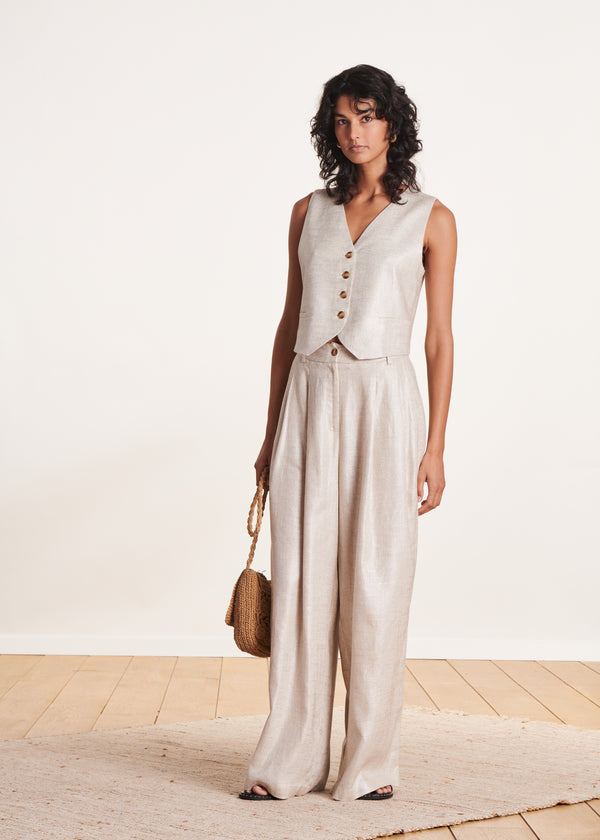 La Fée Maraboutée Veste Sans Manches Beige Irisé En Lin Foiled