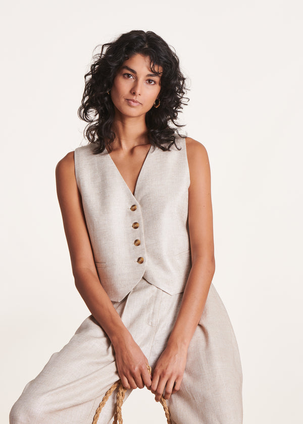 la fée maraboutée Veste sans manches beige irisé en lin foiled