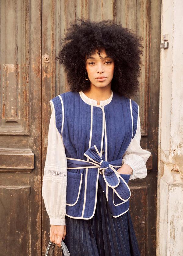 la fée maraboutée Veste sans manches bleu marine en gaze de coton biologique