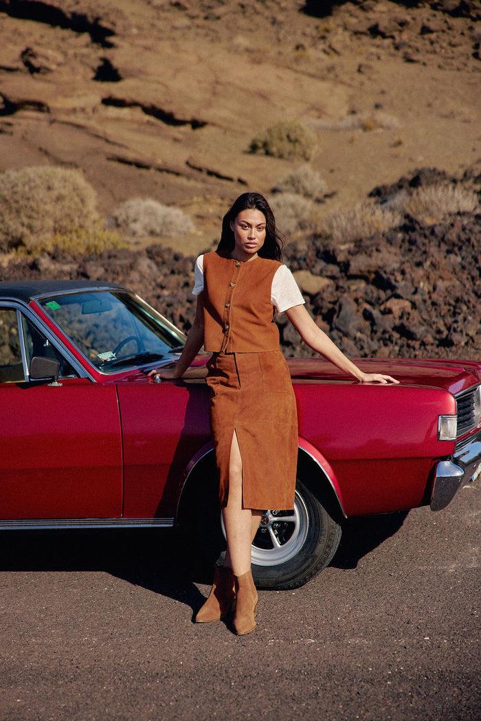 La Petite étoile Jupe Midi En Cuir Camel - Felicia