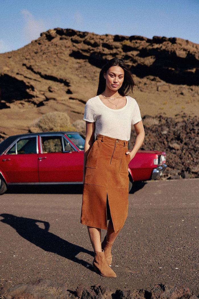 la petite étoile Jupe midi en cuir camel - Felicia