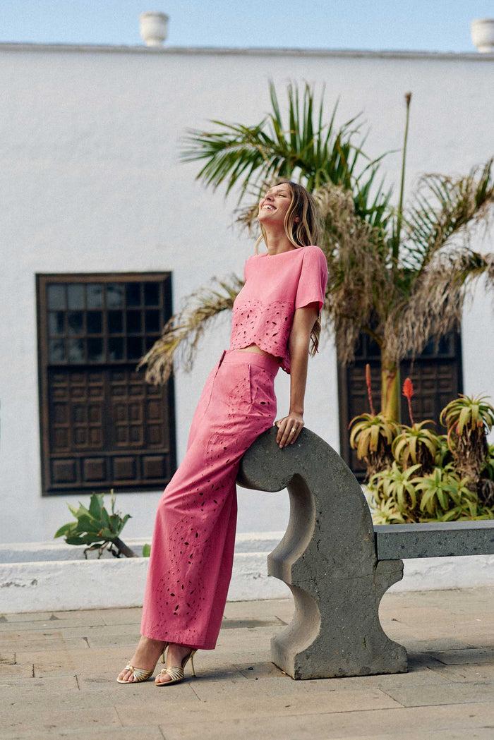 la petite étoile Pantalon droit ajouré rose - Philena