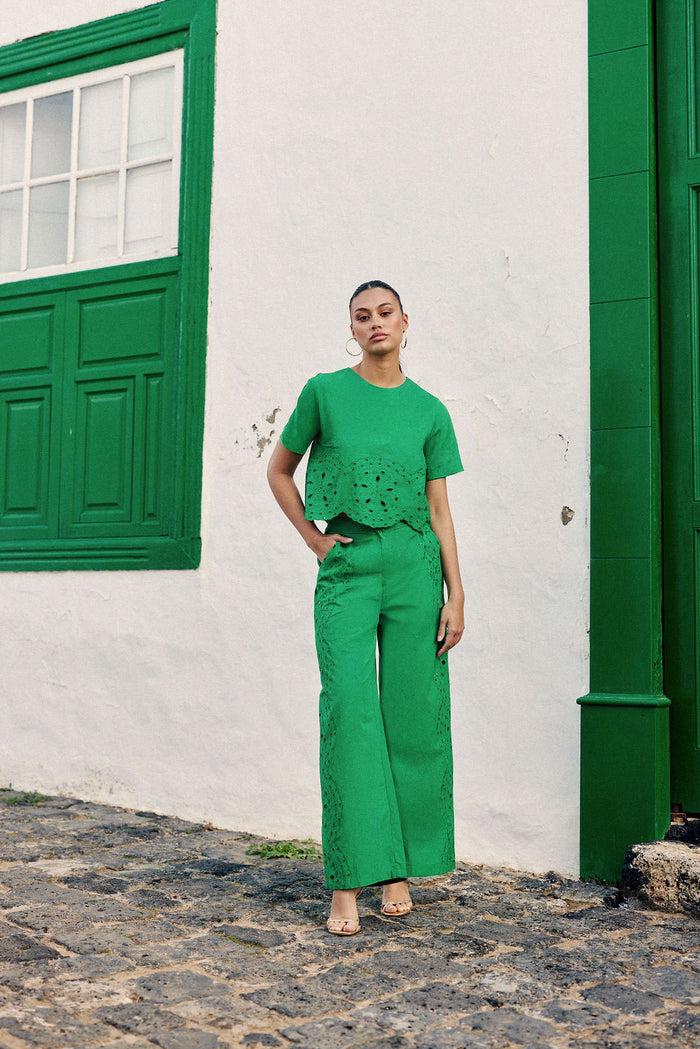 La Petite étoile Pantalon Droit Ajouré Vert - Philena