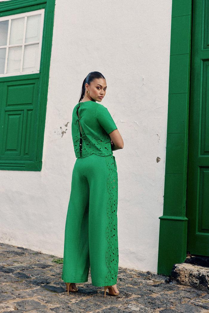 La Petite étoile Pantalon Droit Ajouré Vert - Philena