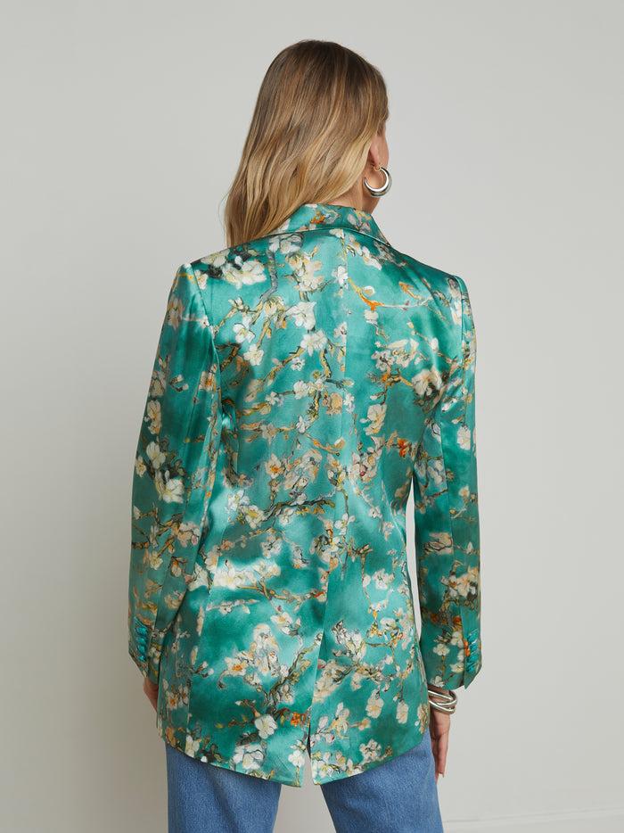 L'agence Blazer En Soie Taryn Teal Multi Watercolor Cherry Blossom