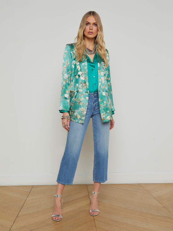 L'agence Blazer En Soie Taryn Teal Multi Watercolor Cherry Blossom