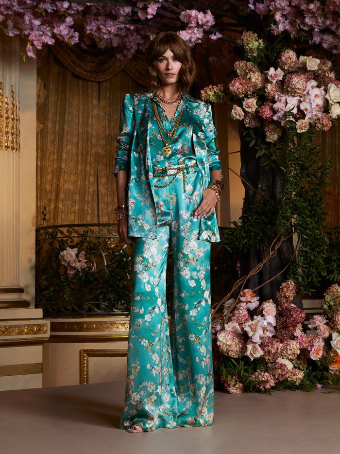 L'agence Blazer En Soie Taryn Teal Multi Watercolor Cherry Blossom