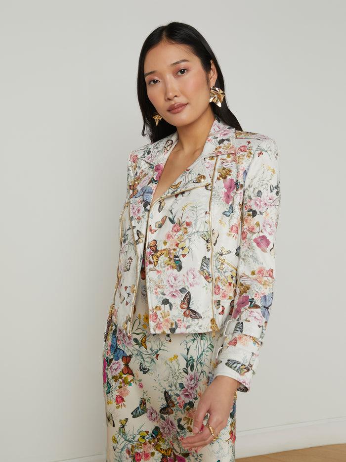 L'agence Blouson En Cuir Avec Ceinture Billie Vintage White Multi Charonda Butterfly