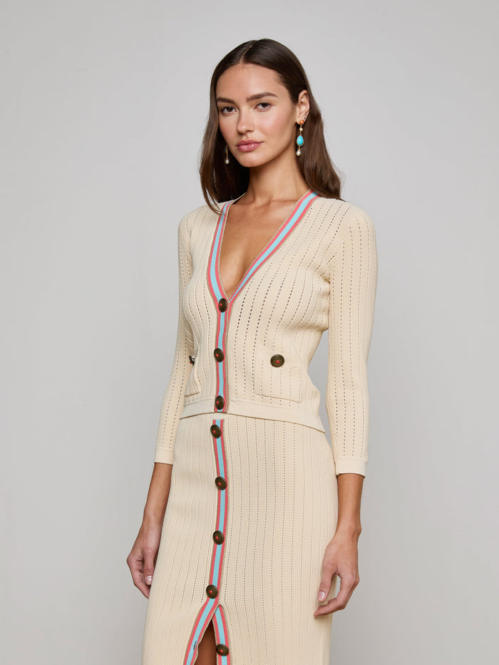 L'agence Cardigan En Maille Pointelle Irvin Ecru/Coral/Pale Blue