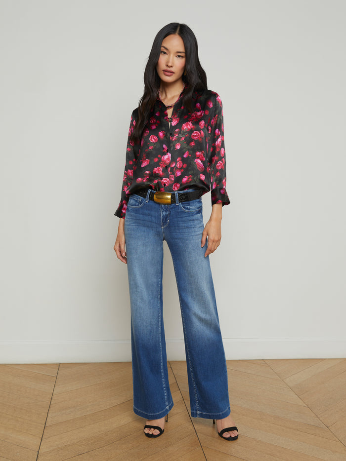 L'agence Chemisier En Soie Dani Black/Pink Rosa Chinensis