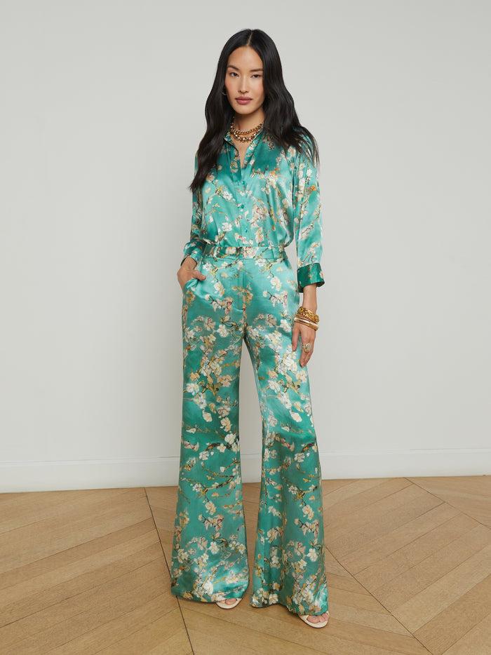 l'agence Chemisier en soie Dani Teal Multi Watercolor Cherry Blossom