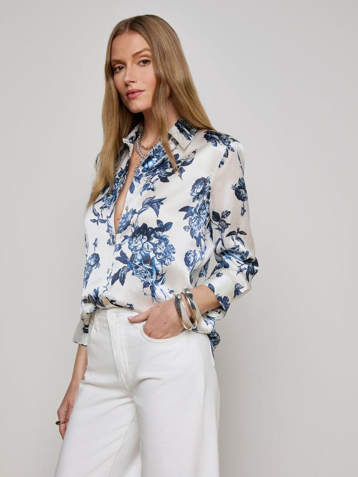 L'agence Chemisier En Soie Dani White/Blue Painterly Floral