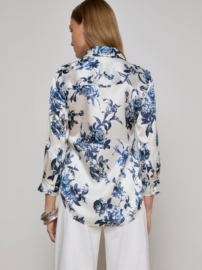 L'agence Chemisier En Soie Dani White/Blue Painterly Floral