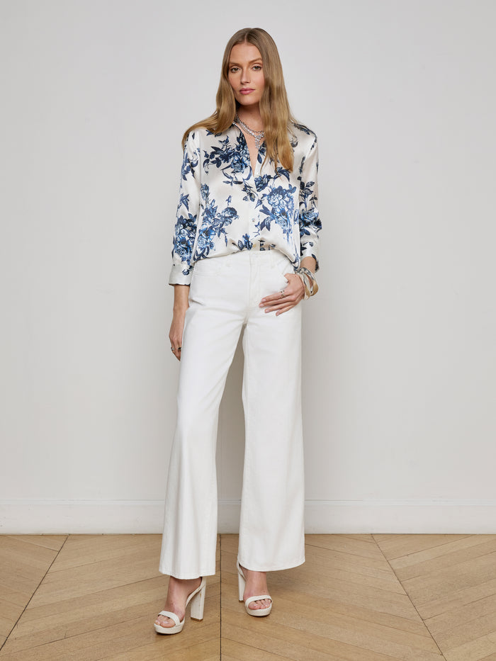 L'agence Chemisier En Soie Dani White/Blue Painterly Floral