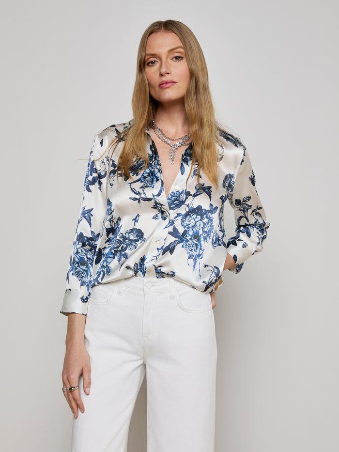 l'agence Chemisier en soie Dani White/Blue Painterly Floral
