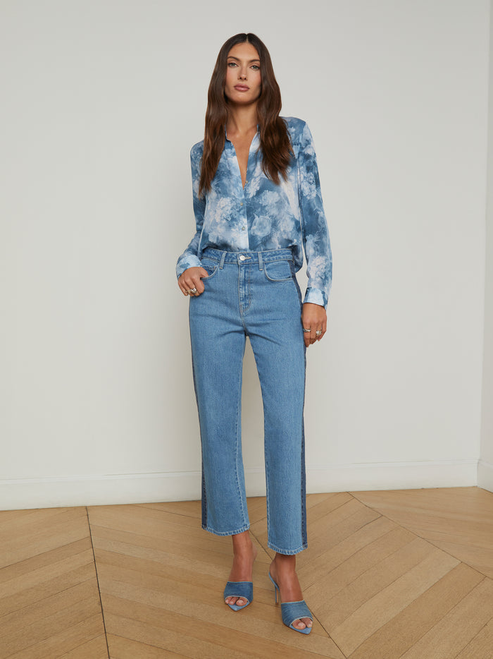 L'agence Chemisier En Soie Nina Dusty Blue Multi Cloud Soft Floral