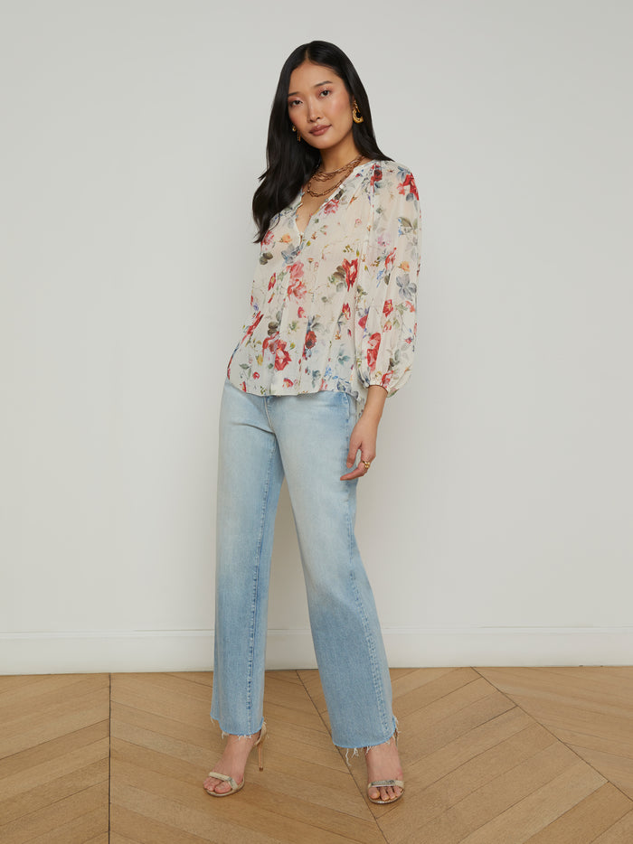 L'agence Chemisier Teagan Ivory Multi Watercolor Dusty Floral