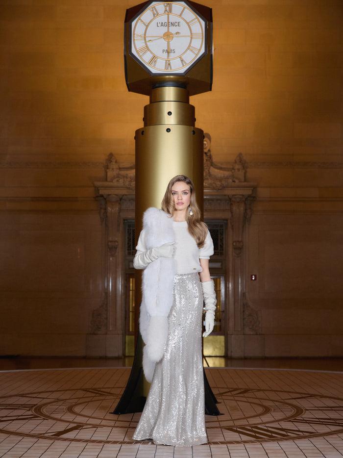 l'agence Jupe longue à paillettes Zeta Silver Sequin Swirl