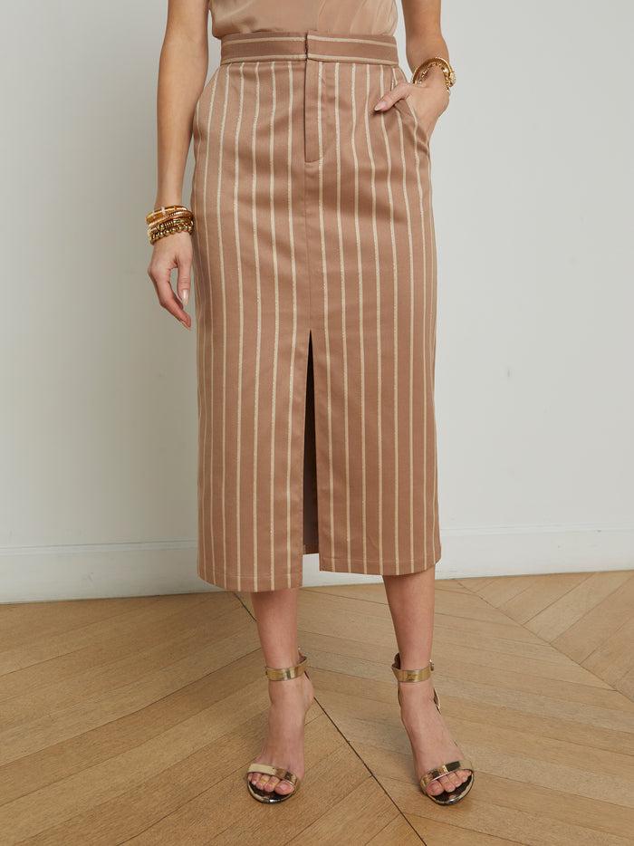l'agence Jupe mi-longue à fines rayures Madonna Chocolate Malt/Ecru/Gold Lurex Stripe