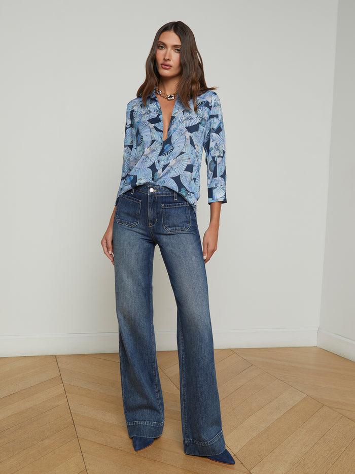 L'agence Chemisier Camille Blue Multi Paper Fans