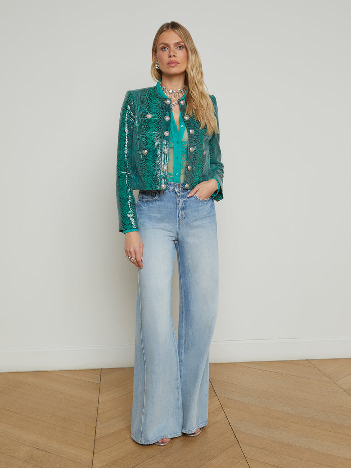 L'agence Veste En Cuir Jayde Jade Green Snake