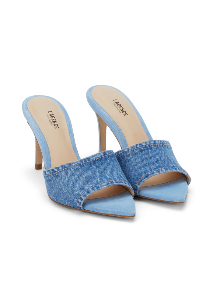 l'agence Mules Lolita en denim à bout ouvert Light Blue Denim
