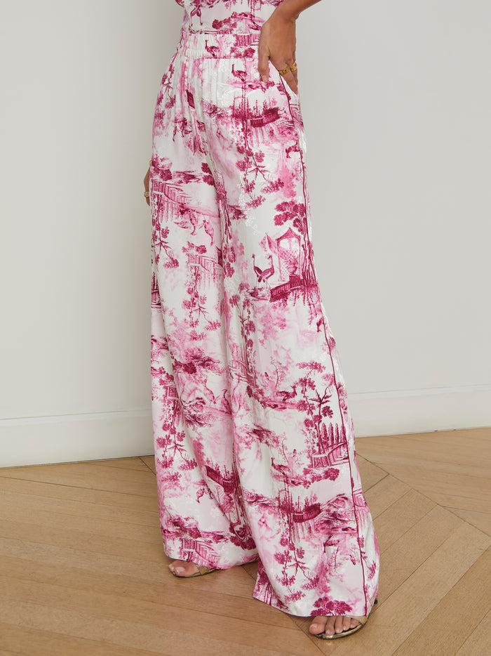 L'agence Pantalon Ample En Satin Ivy White/Pink Porcelain Toile