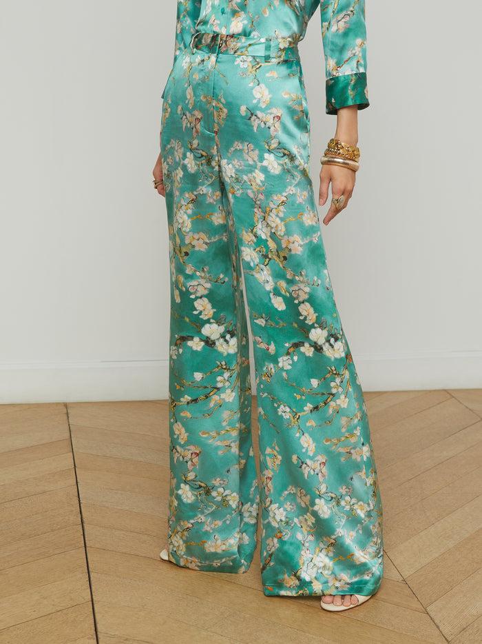 L'agence Pantalon Ample En Soie Pilar Teal Multi Watercolor Cherry Blossom