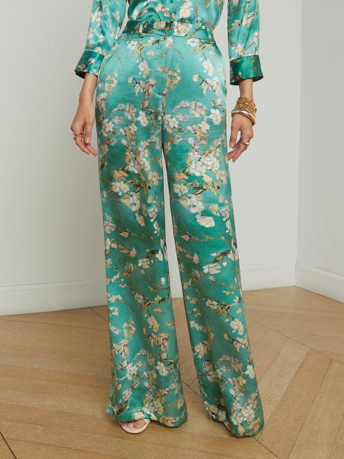 L'agence Pantalon Ample En Soie Pilar Teal Multi Watercolor Cherry Blossom