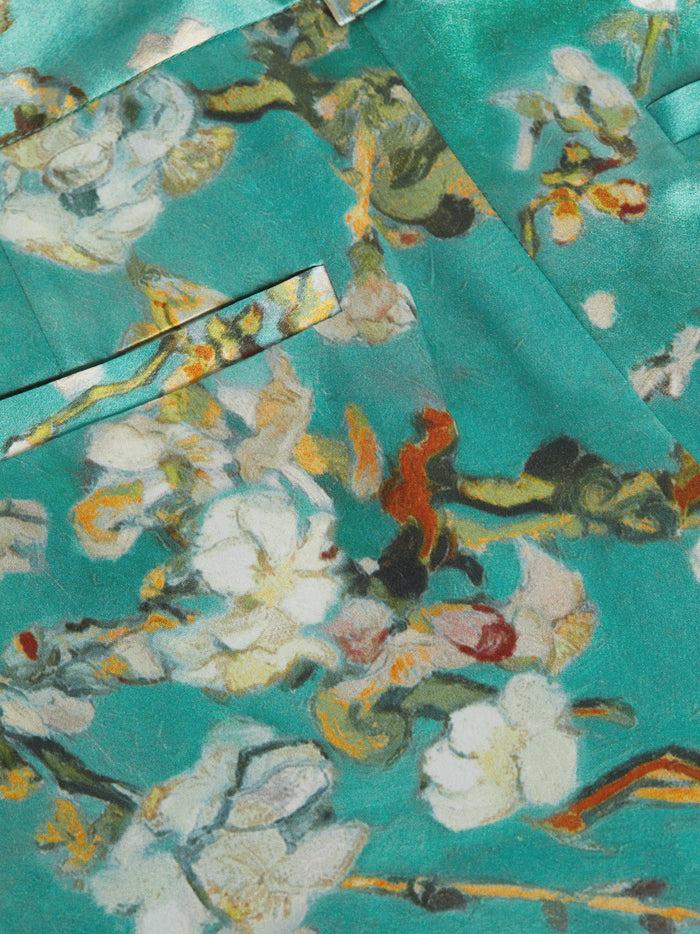 L'agence Pantalon Ample En Soie Pilar Teal Multi Watercolor Cherry Blossom