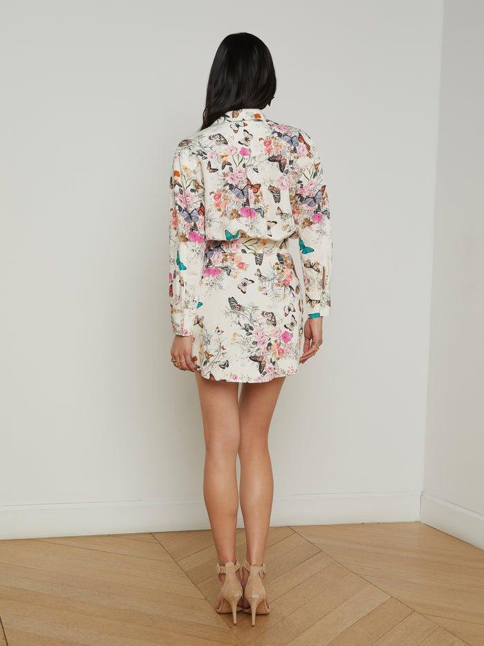 L'agence Robe Chemise En Lin Mélangé Demie Vintage White Multi Charonda Butterfly
