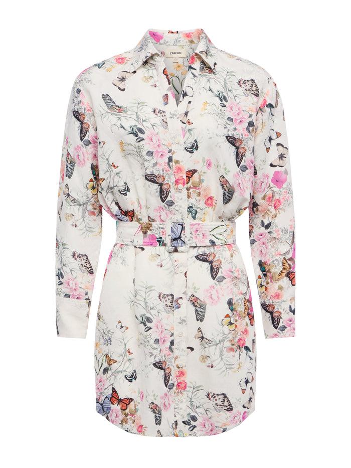 L'agence Robe Chemise En Lin Mélangé Demie Vintage White Multi Charonda Butterfly