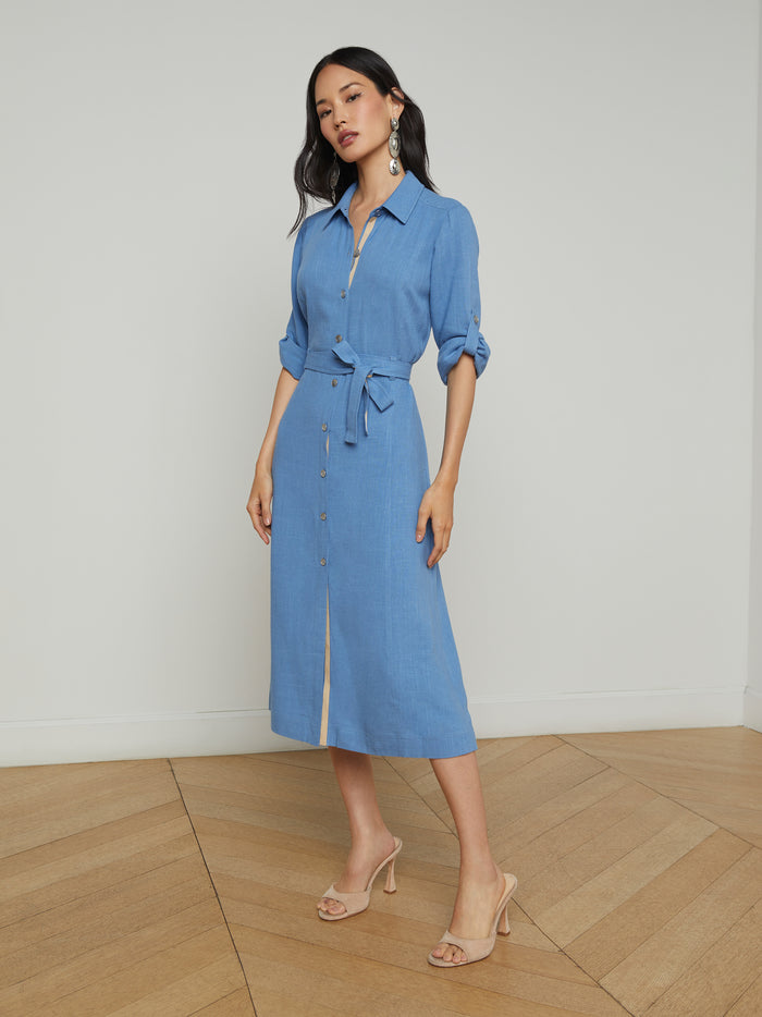 l'agence Robe chemise en lin mélangé Malika Harbor Blue/Pebble