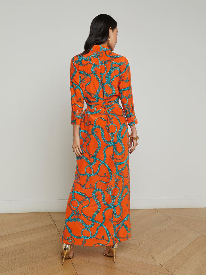 L'agence Robe Chemise En Soie Cameron Orange/Teal Buckle Chain