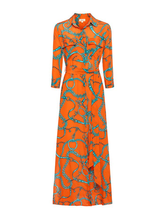 L'agence Robe Chemise En Soie Cameron Orange/Teal Buckle Chain