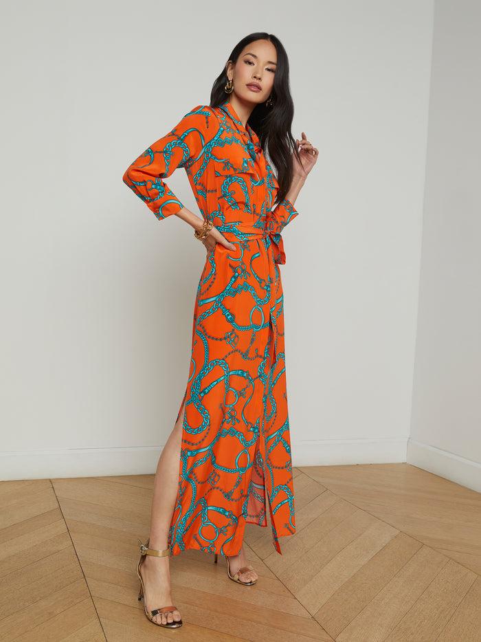 l'agence Robe chemise en soie Cameron Orange/Teal Buckle Chain