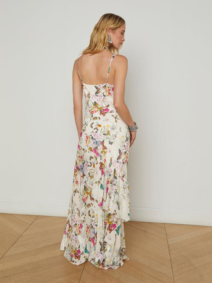 L'agence Robe En Soie à Encolure Drapée Viola Vintage White Multi Charonda Butterfly