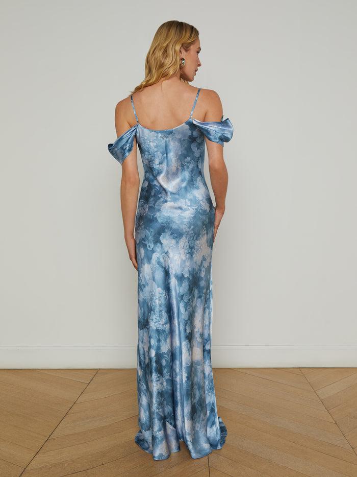 L'agence Robe En Soie Kenna Dusty Blue Multi Cloud Soft Floral