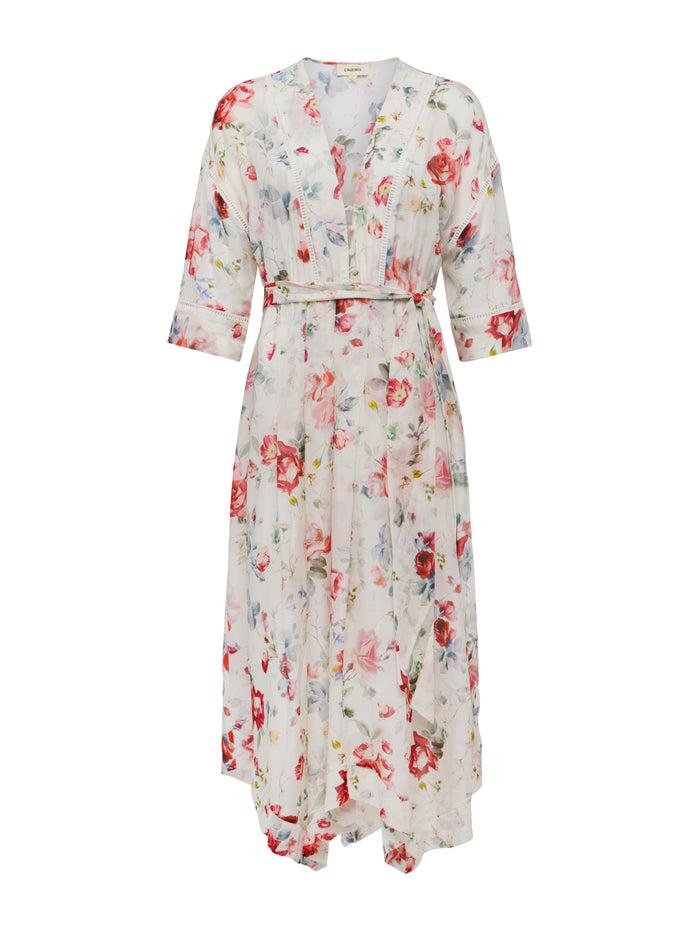L'agence Robe En Soie Miki Ivory Multi Watercolor Dusty Floral