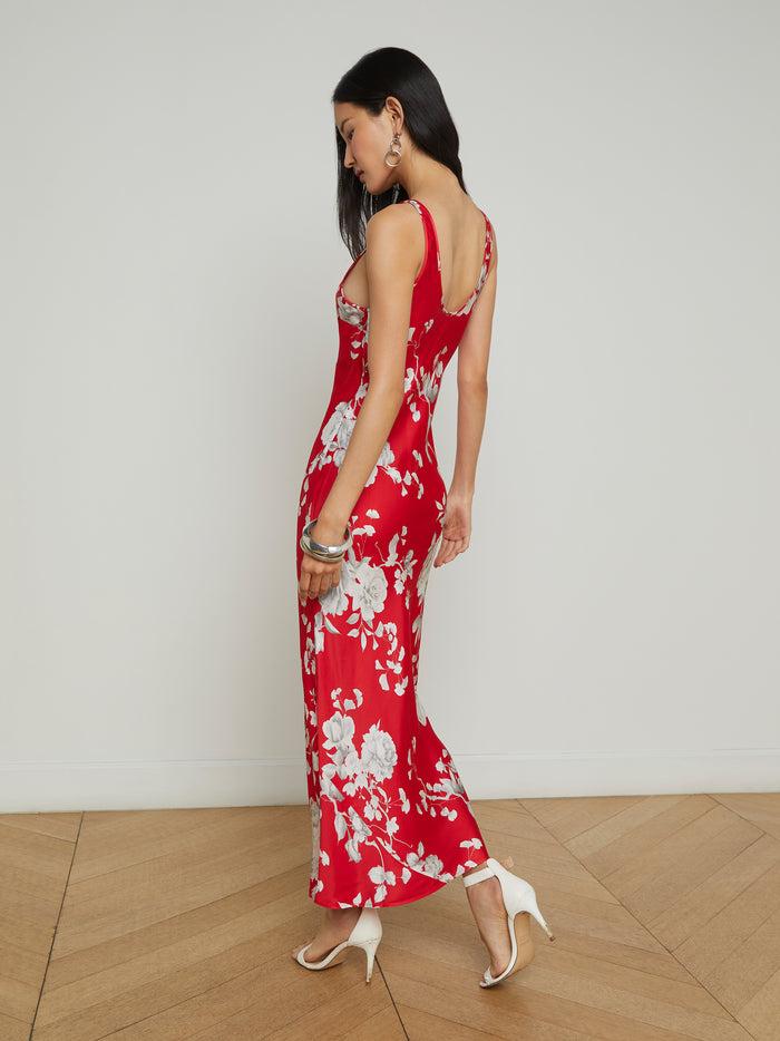 L'agence Robe Longue En Satin Akiya Red/Ivory Ikebana