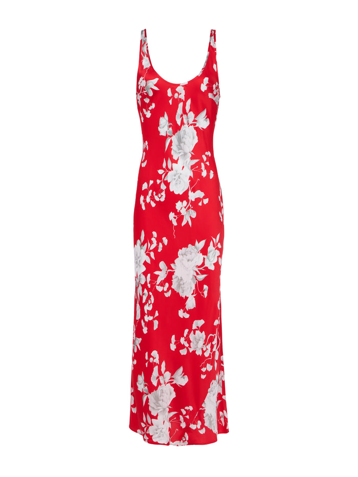 L'agence Robe Longue En Satin Akiya Red/Ivory Ikebana