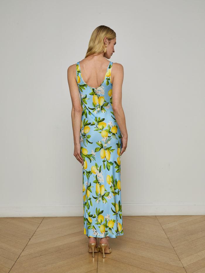 L'agence Robe Longue En Satin Akiya Sky Blue/Yellow Floral Lemon