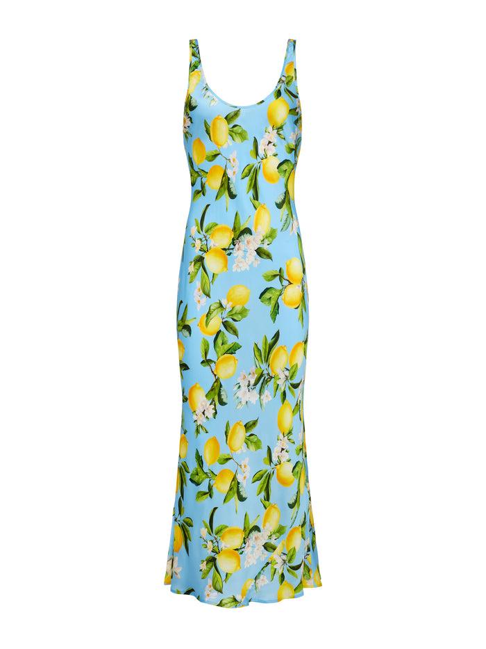 L'agence Robe Longue En Satin Akiya Sky Blue/Yellow Floral Lemon