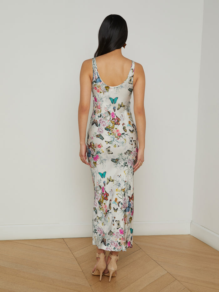 L'agence Robe Longue En Satin Akiya Vintage White Multi Charonda Butterfly